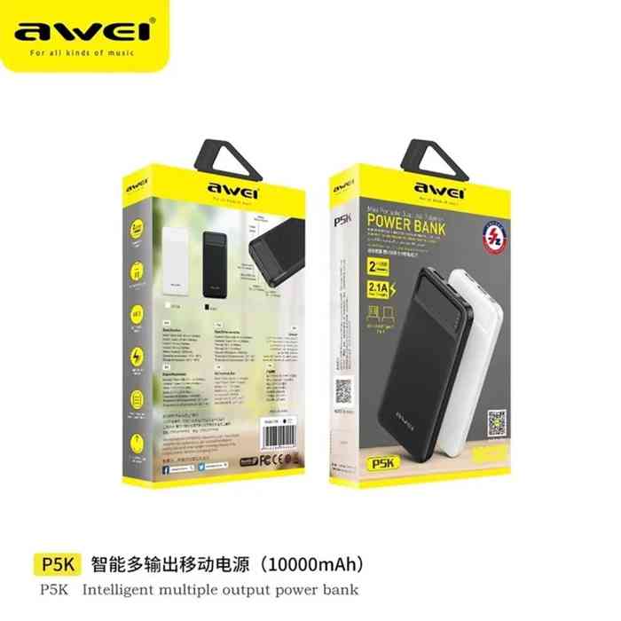 Awei P5K 10000mAh Dual USB Port Power Bank Fast Charging Micro USB and Type C Input